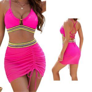 🆕BMJL Women’s High Waisted Bikini Set with Mesh Swim Skirt – Size Small NWT